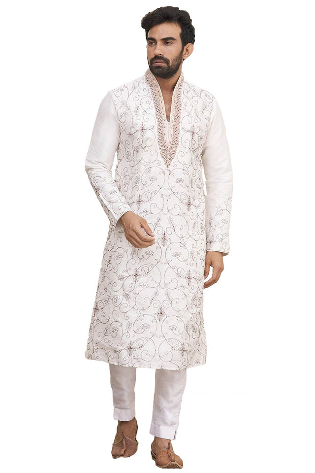Men's Off White Silk Embroidered Full Sleeve Kurta Churidar - 40