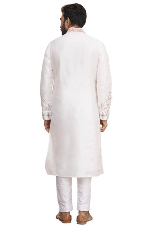 Men's Off White Silk Embroidered Full Sleeve Kurta Churidar - 40
