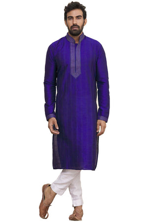 Men's Royal Blue Silk Embroidered Full Sleeve Kurta Churidar