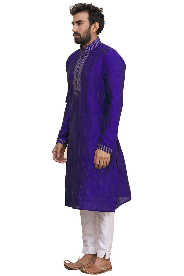 Men's Royal Blue Silk Embroidered Full Sleeve Kurta Churidar