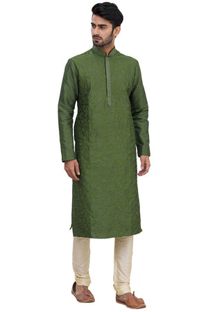 Men's Green Silk Embroidered Full Sleeve Kurta Churidar - 40