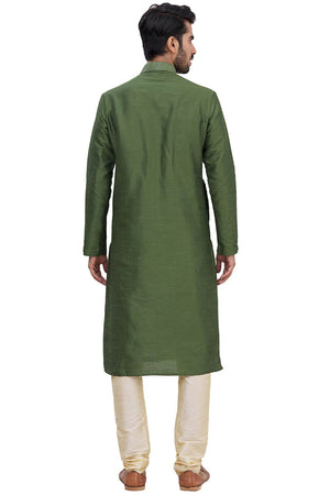 Men's Green Silk Embroidered Full Sleeve Kurta Churidar - 40