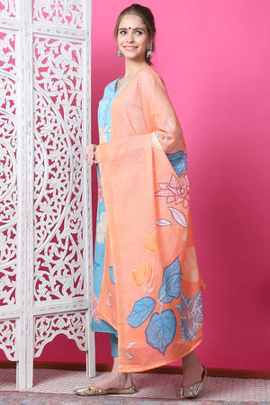 Sky Blue Cotton Digital Printed Kurti Pant Set