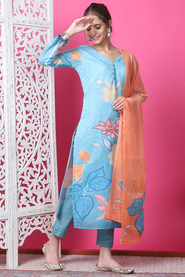 Sky Blue Cotton Digital Printed Kurti Pant Set