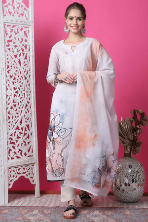Beige Cotton Digital Printed Kurti Pant Set