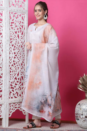 Beige Cotton Digital Printed Kurti Pant Set