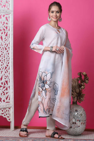 Beige Cotton Digital Printed Kurti Pant Set