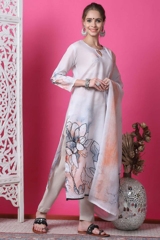 Beige Cotton Digital Printed Kurti Pant Set