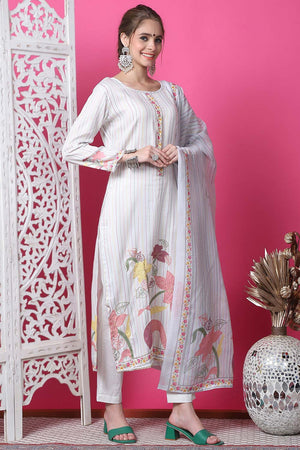 Off White Cotton Digital Printed Kurti Pant Set