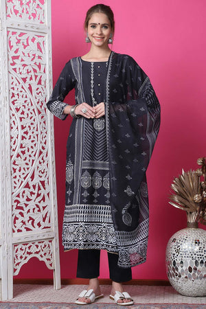 Black Cotton Digital Printed Kurti Pant Set