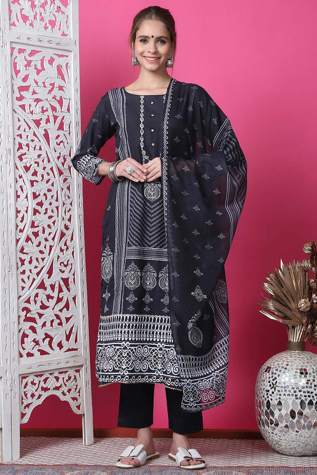 Black Cotton Digital Printed Kurti Pant Set
