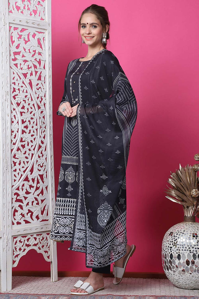 Black Cotton Digital Printed Kurti Pant Set