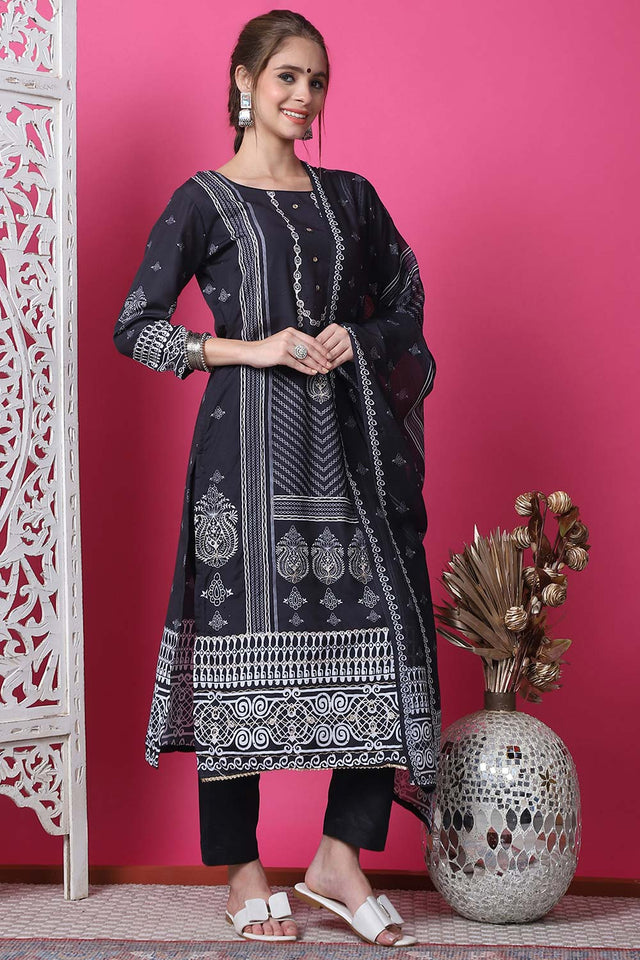Black Cotton Digital Printed Kurti Pant Set