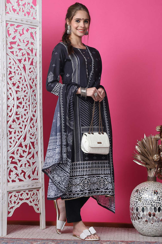 Black Cotton Digital Printed Kurti Pant Set
