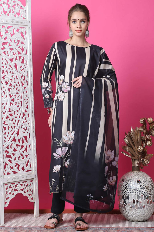 Black Cotton Digital Printed Kurti Pant Set