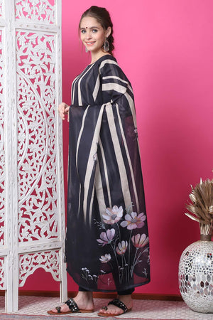 Black Cotton Digital Printed Kurti Pant Set