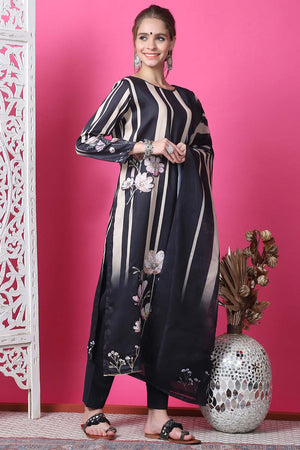 Black Cotton Digital Printed Kurti Pant Set