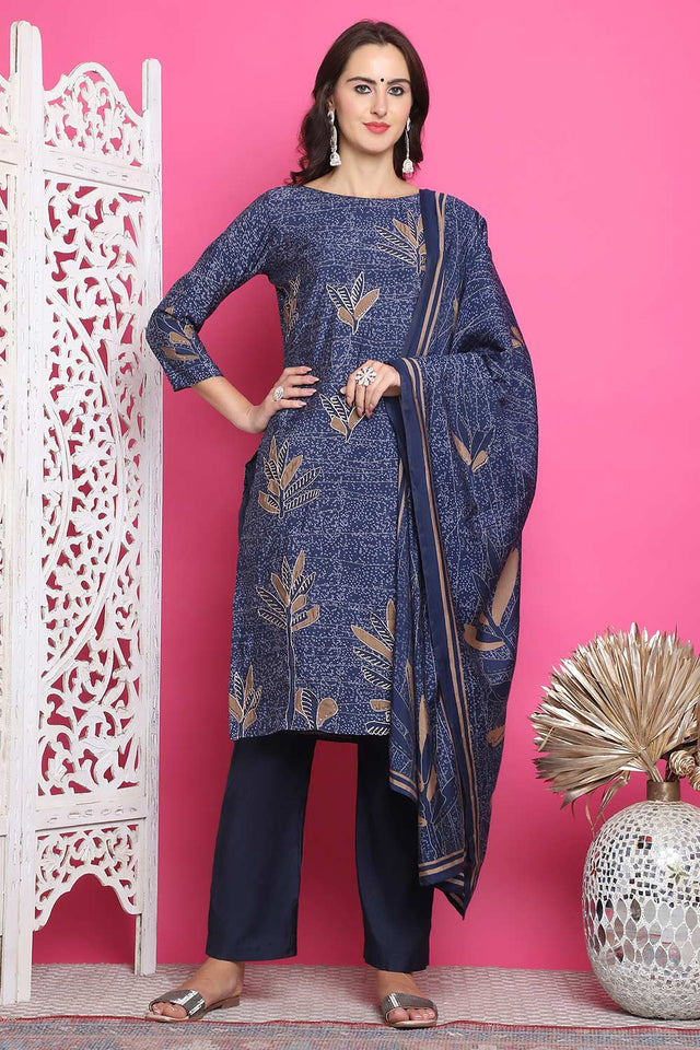 Navy Blue Muslin Digital Printed Kurti Pant Set