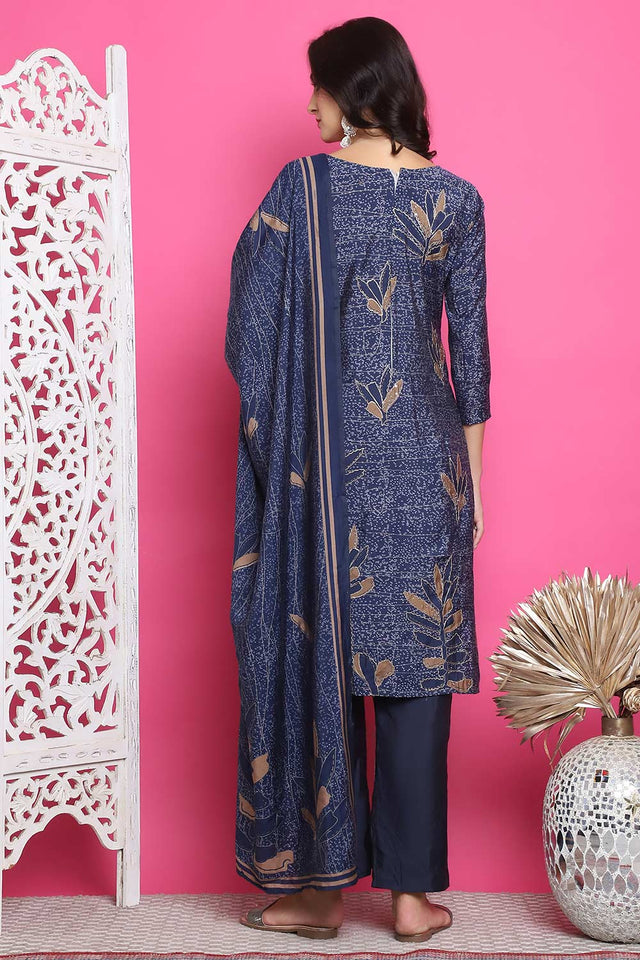 Navy Blue Muslin Digital Printed Kurti Pant Set