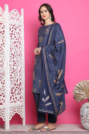 Navy Blue Muslin Digital Printed Kurti Pant Set