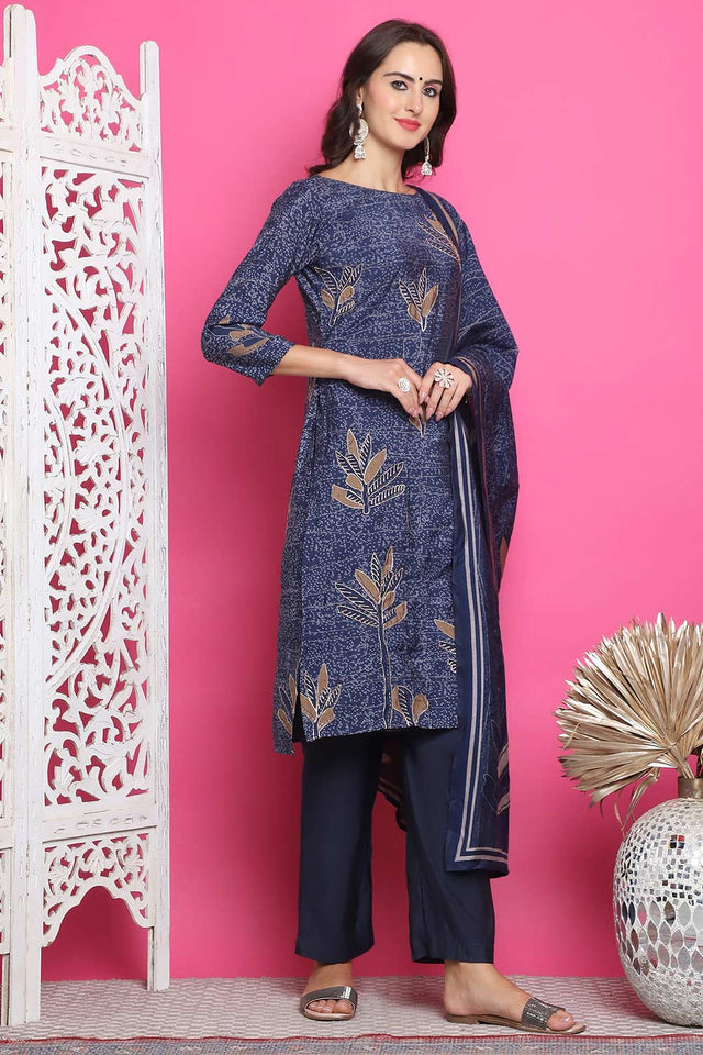 Navy Blue Muslin Digital Printed Kurti Pant Set
