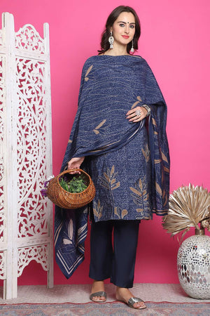 Navy Blue Muslin Digital Printed Kurti Pant Set