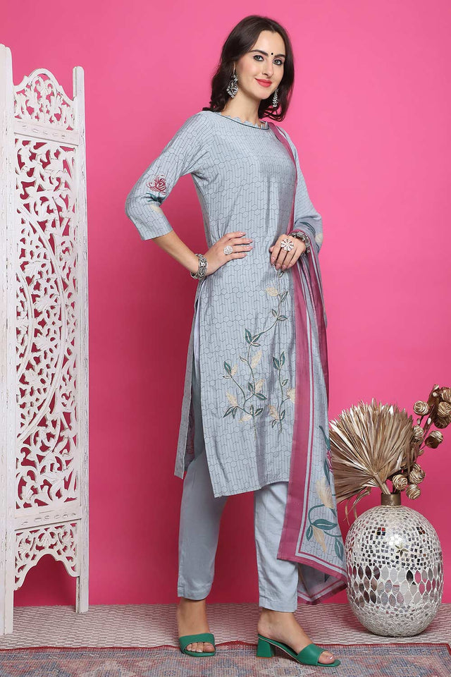 Grey Muslin Digital Printed Kurti Pant Set