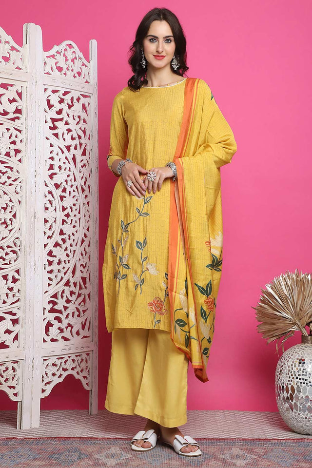 Yellow Muslin Digital Printed Kurti Pant Set