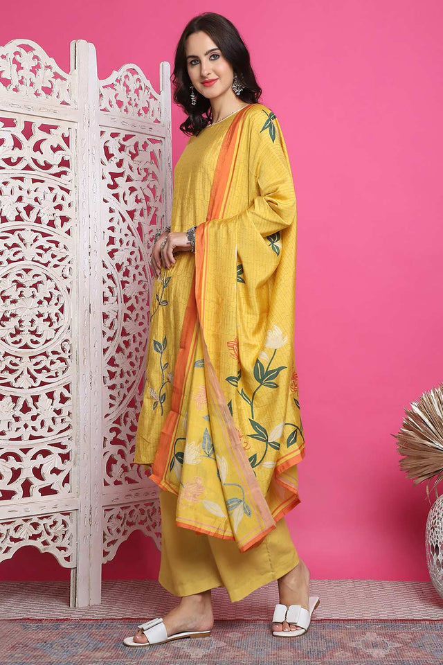 Yellow Muslin Digital Printed Kurti Pant Set