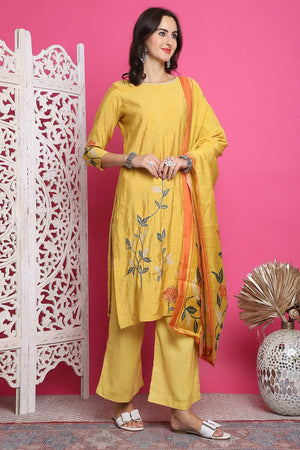 Yellow Muslin Digital Printed Kurti Pant Set