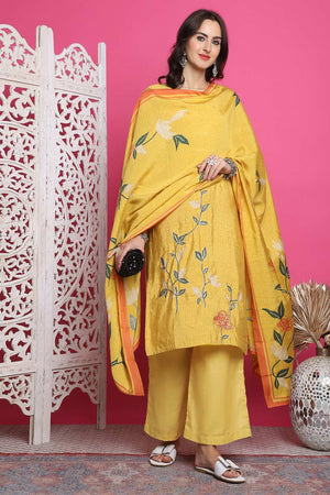 Yellow Muslin Digital Printed Kurti Pant Set