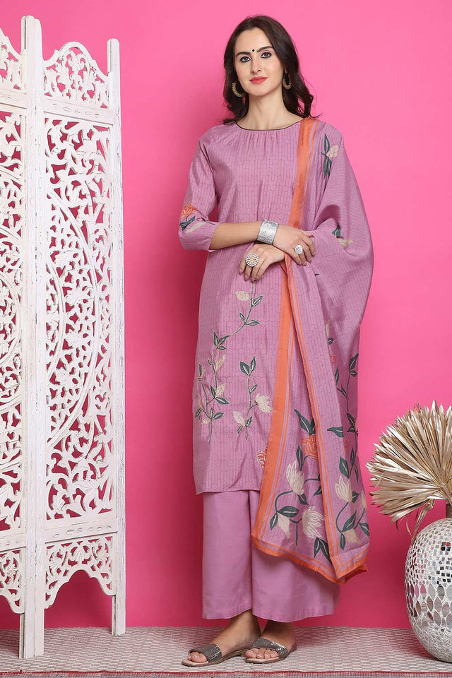 Purple Muslin Digital Printed Kurti Pant Set