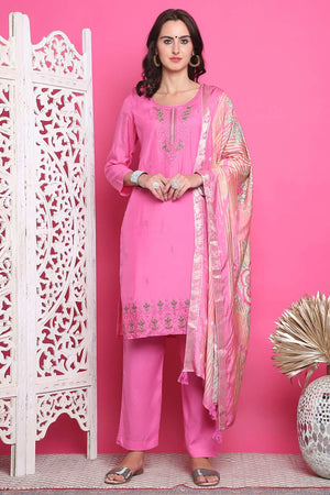 Pink Muslin Embroidered Kurti Pant Set