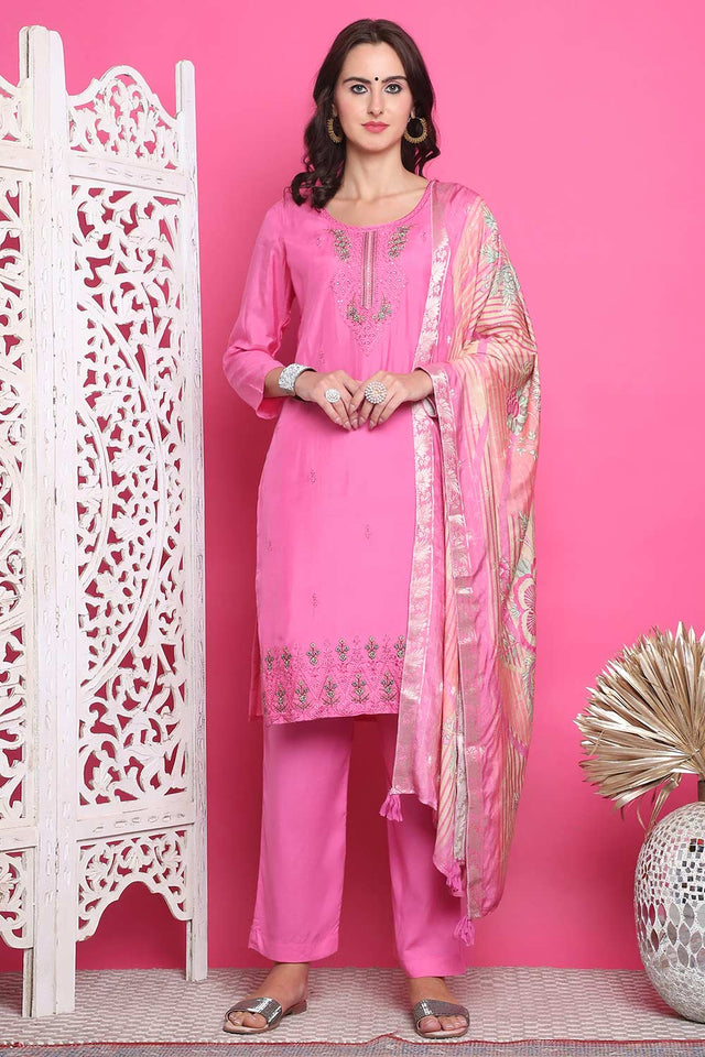 Pink Muslin Embroidered Kurti Pant Set