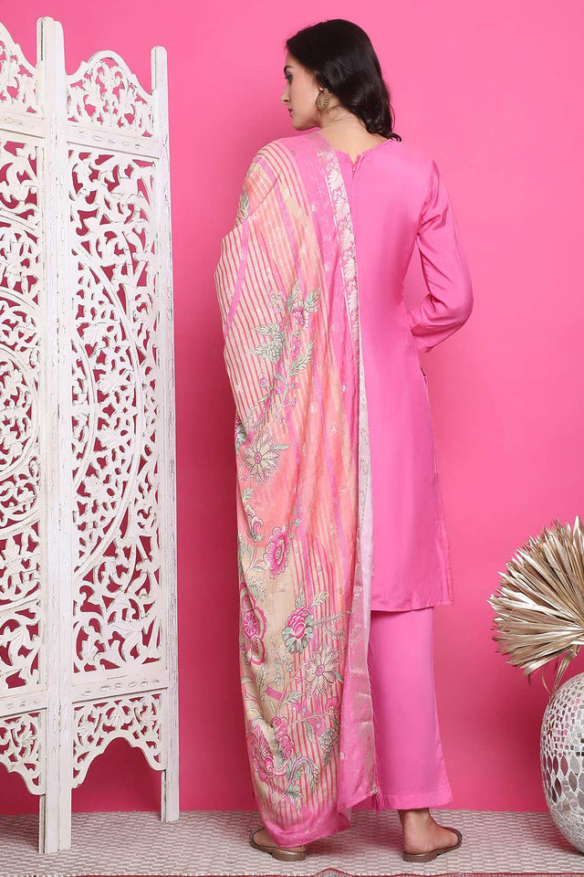 Pink Muslin Embroidered Kurti Pant Set