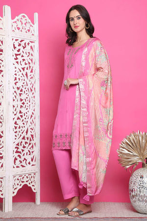 Pink Muslin Embroidered Kurti Pant Set