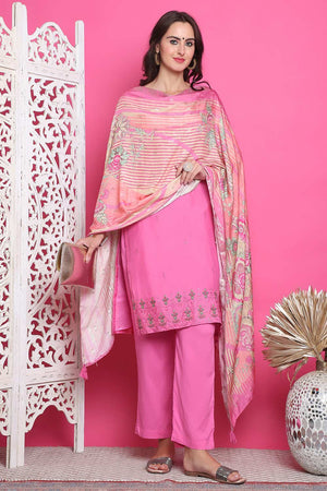 Pink Muslin Embroidered Kurti Pant Set