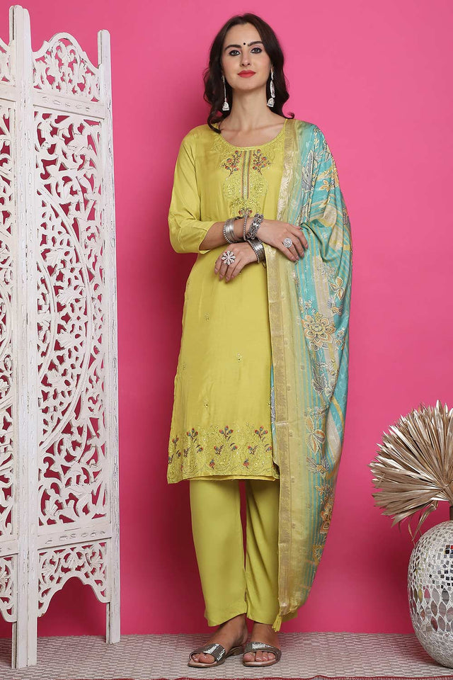 Lemon Yellow Muslin Embroidered Kurti Pant Set
