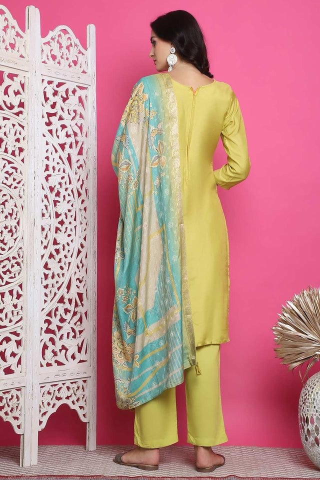 Lemon Yellow Muslin Embroidered Kurti Pant Set