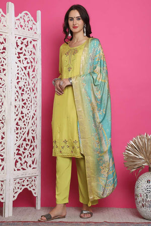 Lemon Yellow Muslin Embroidered Kurti Pant Set