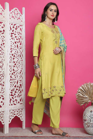 Lemon Yellow Muslin Embroidered Kurti Pant Set