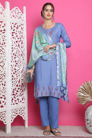 Blue Muslin Embroidered Kurti Pant Set