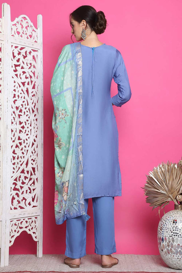 Blue Muslin Embroidered Kurti Pant Set