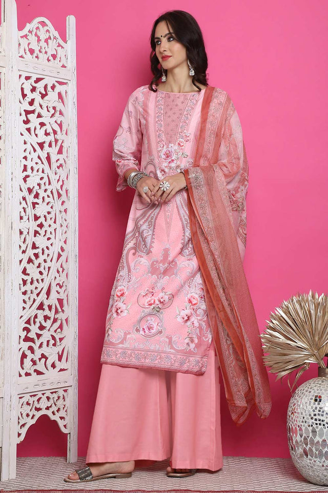 Pink Satin Digital Printed Palazzo Suit Set