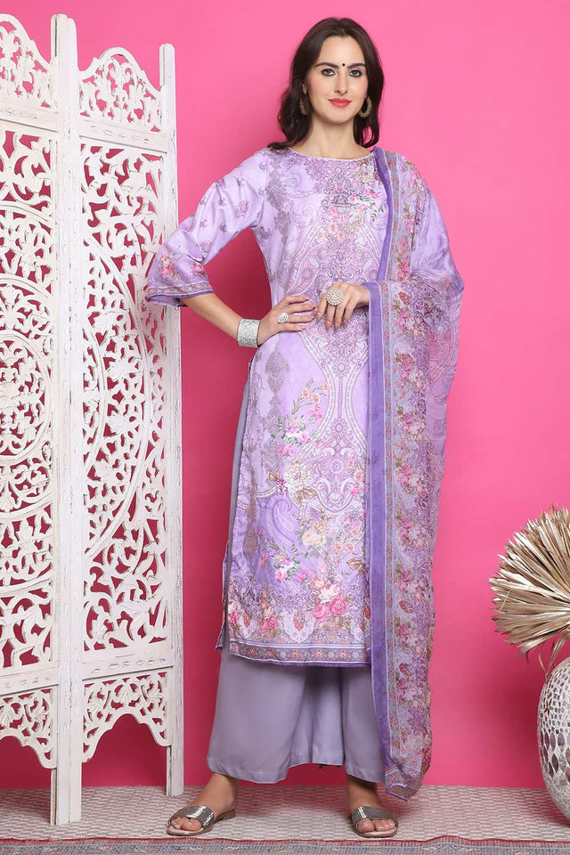 Lavender Satin Digital Printed Palazzo Suit Set
