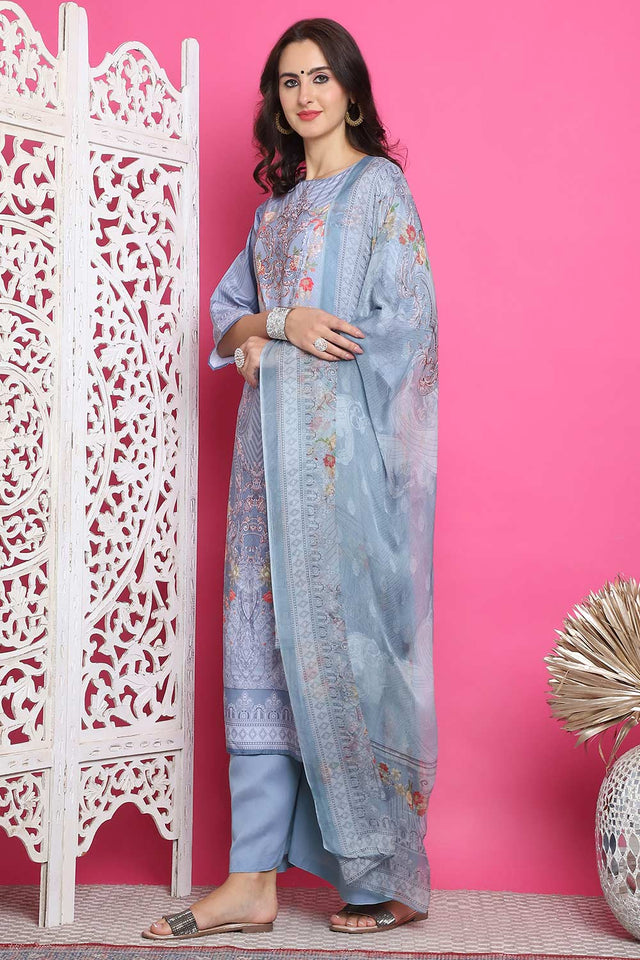 Grey Satin Digital Printed Palazzo Suit Set