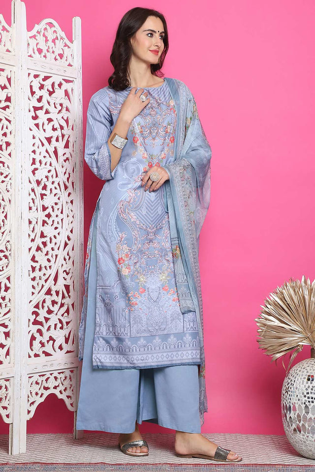 Grey Satin Digital Printed Palazzo Suit Set