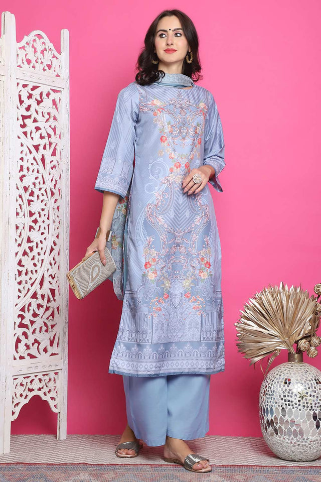 Grey Satin Digital Printed Palazzo Suit Set