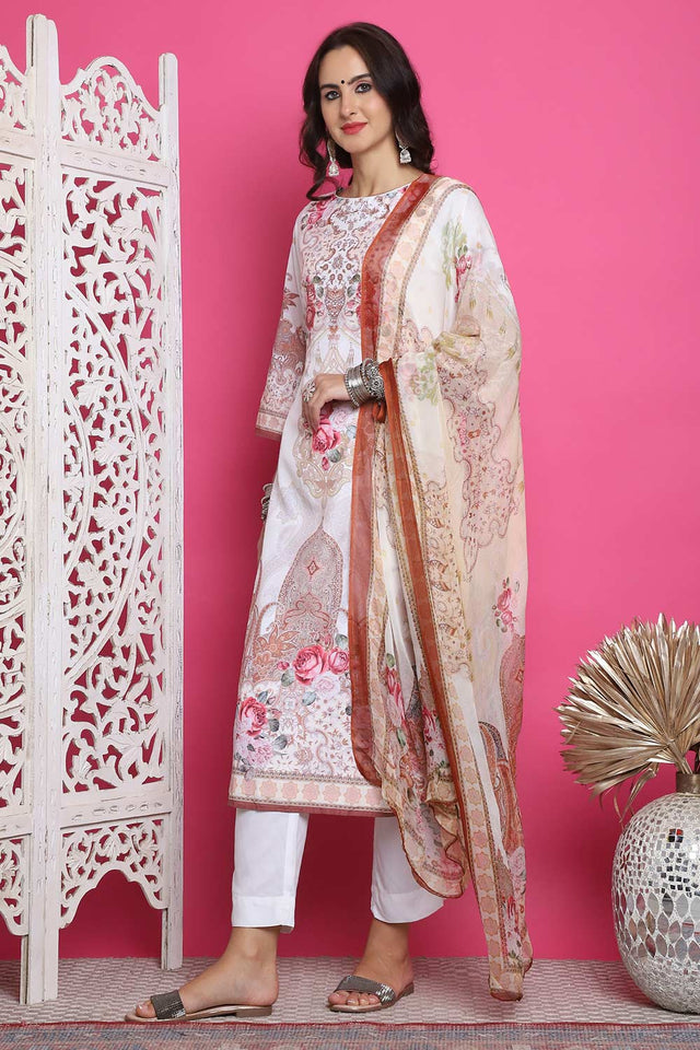 Cream Satin Digital Printed Kurti Pant Set