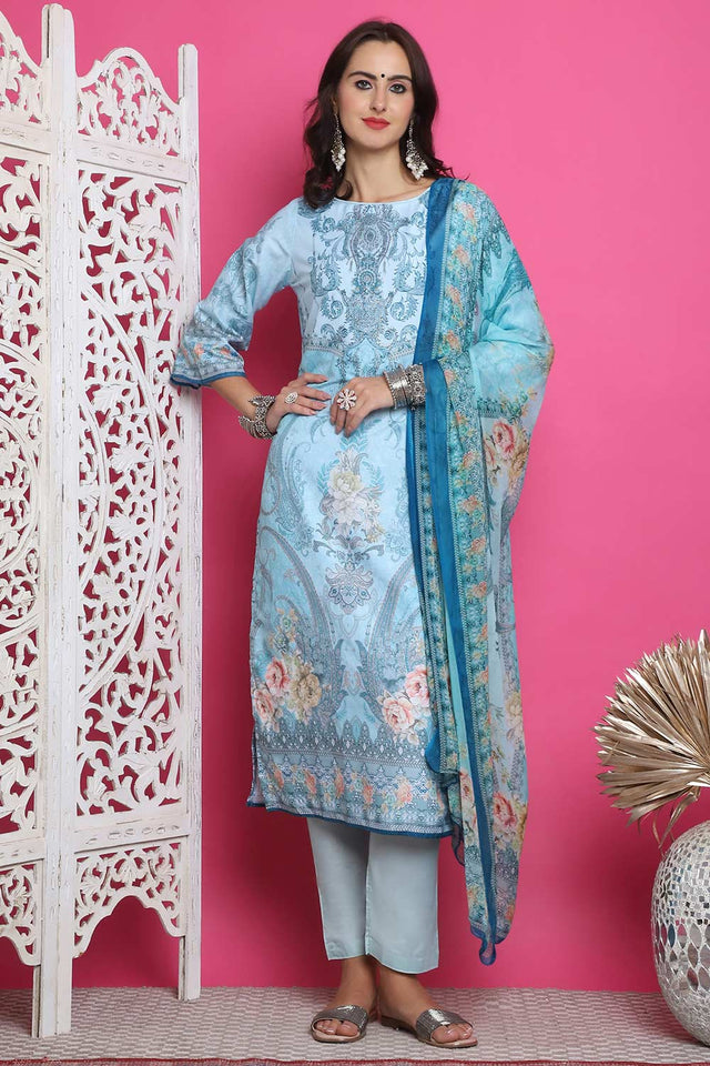 Turquoise Satin Digital Printed Kurti Pant Set
